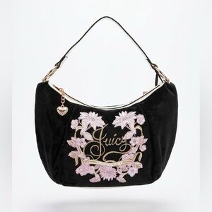 Juicy Couture Black Velvet Hobo with Pink Floral Embroidery